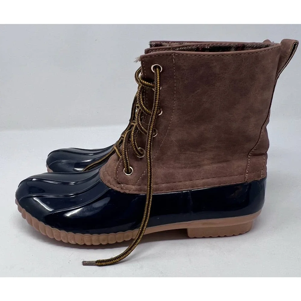 Green Forest Women's Rain Boots‎ Navy Brown Flannel Lining Size 7